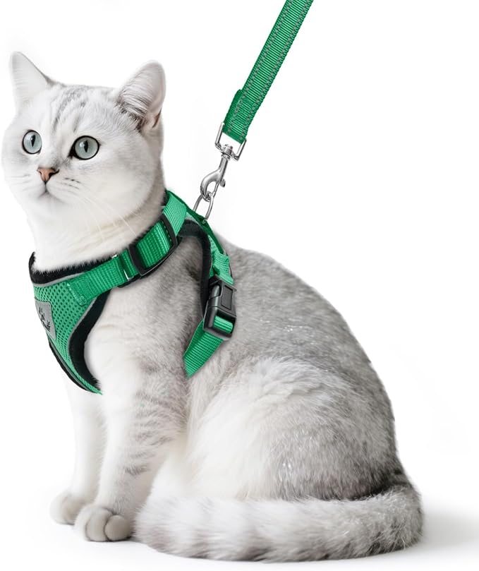 PUPTECK Cat Harness and Leash Set Escape Proof Reflective Cat Walking Harness Adjustable Soft Breathable Mesh Vest for Small Pets, Dark Green, L