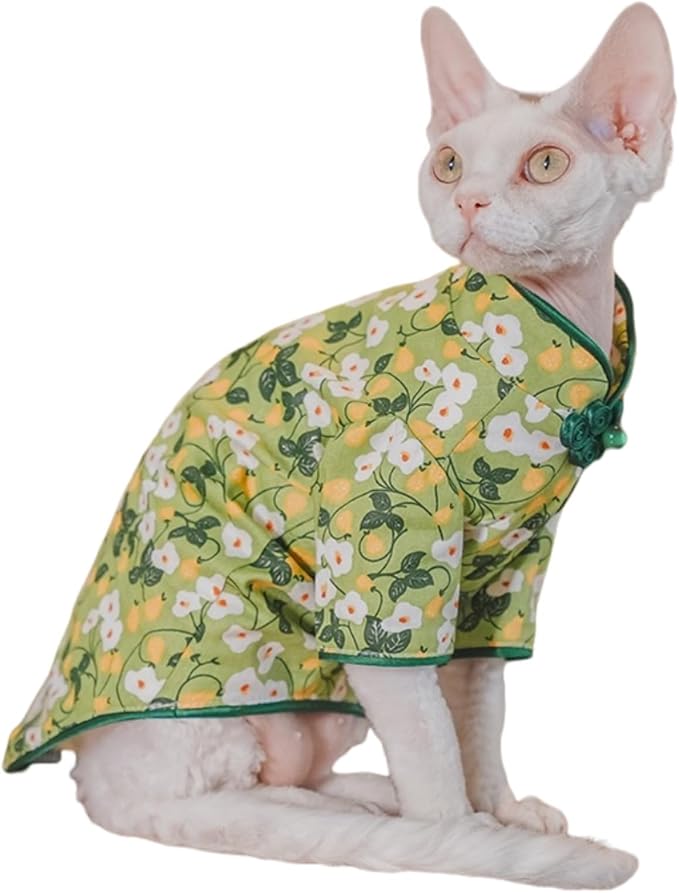 Traditional Culture Sphynx Hairless Cat Cotton T-Shirts Cat Clothes Pet Sweater Cat Vest Pet Clothes Kitten Shirts Cats & Small Dogs Apparel (White Petunia Chi-Pao, XXL (13-15 lbs))
