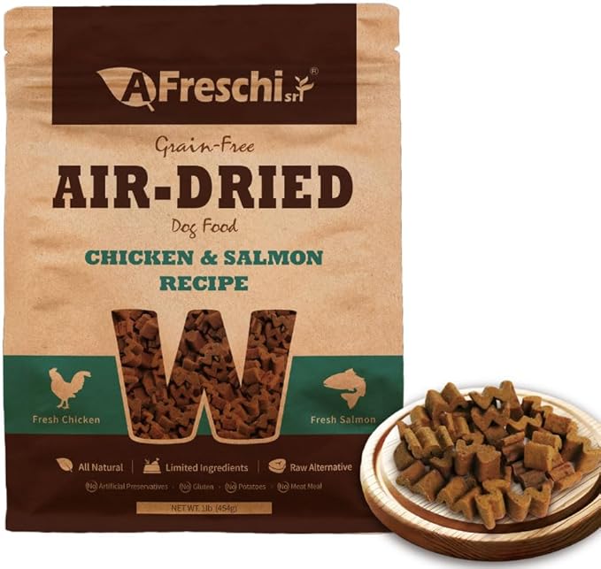 A Freschi srl Air-Dried Puppy & Adult Dog Food - Real Chicken & Salmon Recipe | Grain-Free | High-Protein for Toy, Small & Large Breeds | Ideal for Picky Eaters, 1 lb Starter Bag