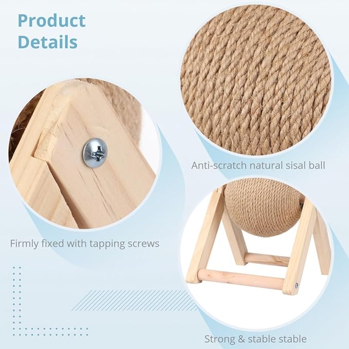 Rabbit Scratcher Toy with Rotating Sisal Ball, Solid Wood Support & Play Base for Small Pets