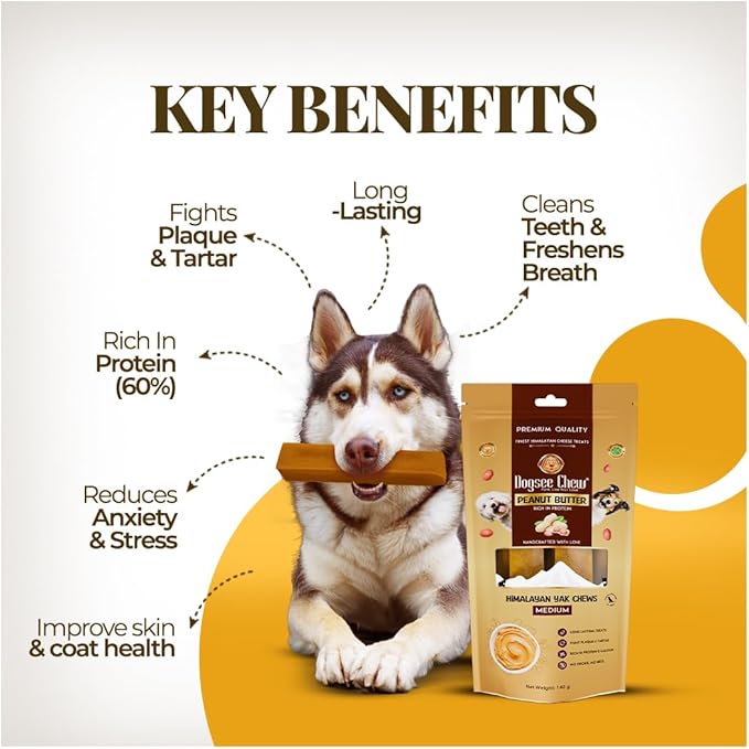 Dogsee Peanut Butter Flavor Himalayan Yak Cheese Dental Chew's for Dogs 1lb (Medium - 6 Chews) | Dog Treats Healthy | for Shiny Skin & Coat | No Grain, No Gluten | Dog Chews Rawhide Free