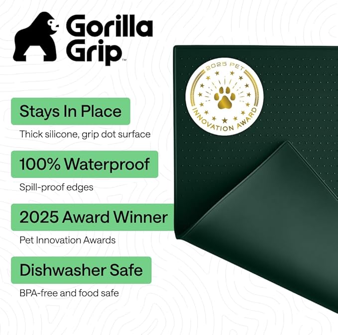 GORILLA GRIP 100% Waterproof Raised Edge BPA Free Silicone Pet Feeding Mat, Dog Cat Food Mats Contain Spills Protects Floors, Placemats for Cats and Dogs Water Bowl, Pets Accessories 32x24 Green