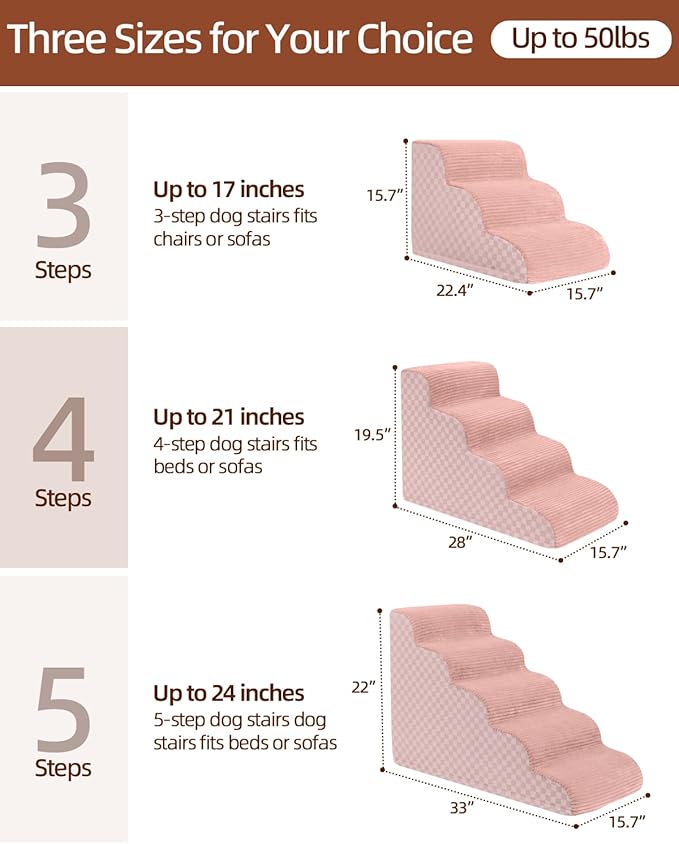 Dog Stairs Curved Ramp for Small Dogs 19.5" H, 4-Step Pet Stairs for Couch Bed with High Density Foam, Dog Slope Stairs with Durable Non-Slip Bottom Pink