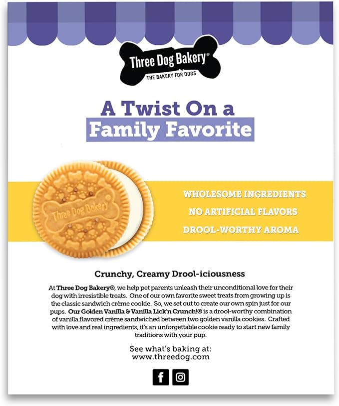 Three Dog Bakery Lick'n Crunch! Sandwich Cookies, Golden & Vanilla Flavor, Premium Treats for Dogs, 13 Ounce Box, 6-Pack, (114060)