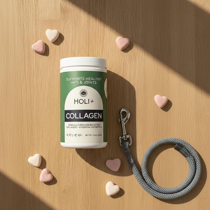 HOLI+ Collagen Supplement for Dogs - Hip and Joint Care Collagen Powder with Glucosamine and Hyaluronic Acid - Easy to Mix Functional Topper
