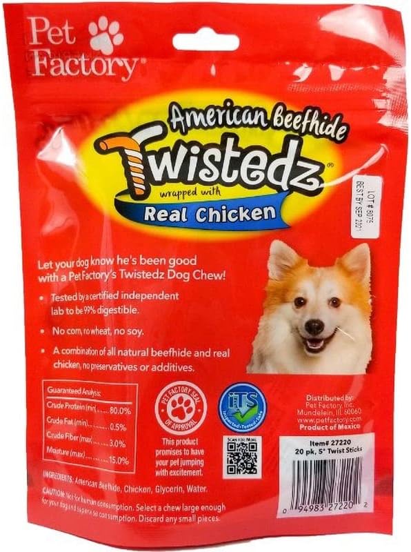 Pet Factory Twistedz American Beefhide 5" Twist Sticks Dog Chew Treats w/ Real Chicken Meat Wrap - 20 Count/1 Pack