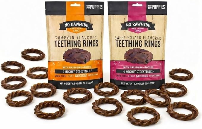 No Rawhide Puppy Teething Rings – Pumpkin & Sweet Potato (16 Rings) Grain Free Rawhide Alternative Teething Treats for Puppies