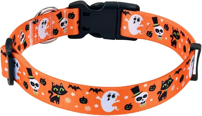 Halloween Dog Collar with Pumpkin Bat Cats, Ghosts Print, Soft Comfortable Adjustable Collars for Small Medium Large Dogs(Halloween,L)