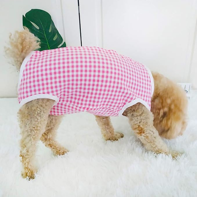 Dog’s Recovery Suit Post Surgery Shirt for Puppy, Wound Protective Clothes for Little Animals(Pink White Plaid-l)