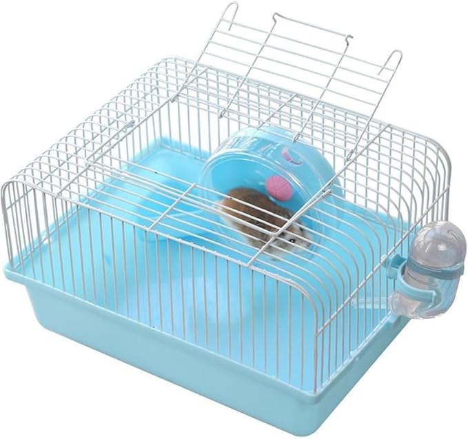 Small Pet Hamster Cage with Running Wheel Water Bottle Food Basin Portable Carrier House Mice Home Habitat for Going Out, Traveling (Blue)