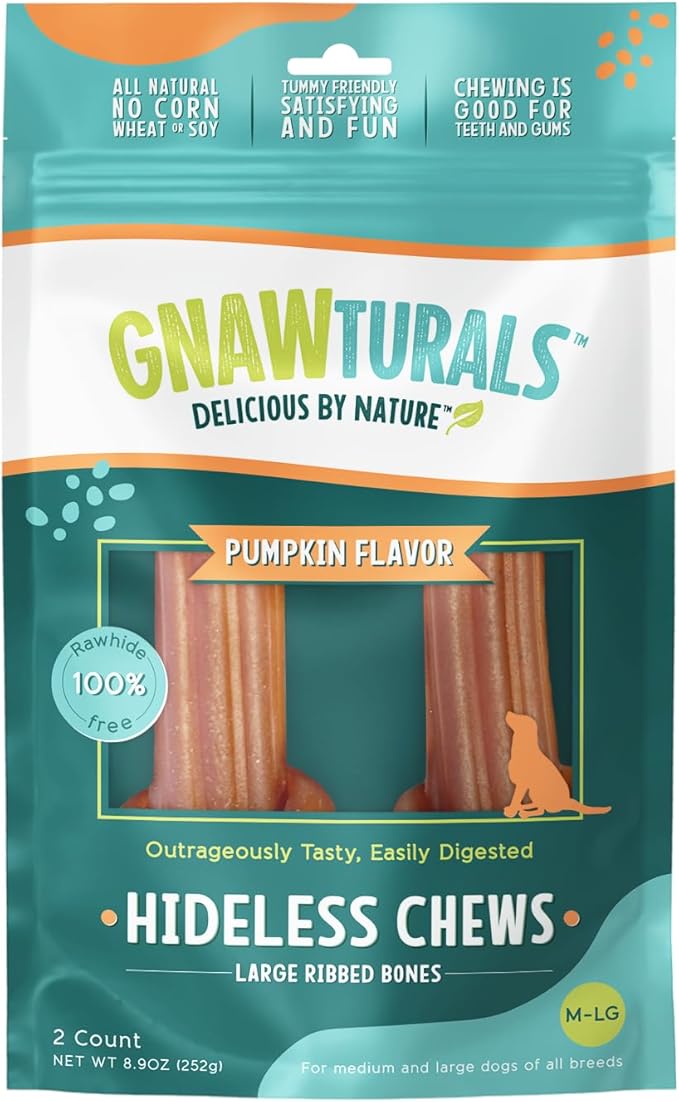 Rawhide Free Dog Chews | Ribbed Bones | for Large - Extra Large Dogs | Pumpkin, Psyllium Husk and Chicory Root for Easy Digestion and Overall Gut Health (2 Bones, Pumpkin)