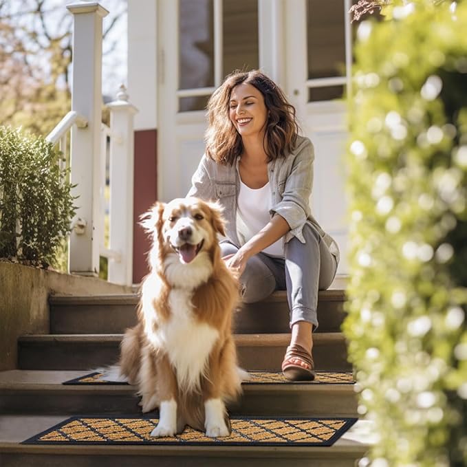 Aucuda 6pcs 8.5" x 30" Stair Treads Outdoor for Elders and Dogs on Wooden Steps, Non Slip Stair Runner Rug Heat Insulation Rubber Backing, Brown Lattice Staircase Mat Carpet for Indoor Grip Farmhouse.