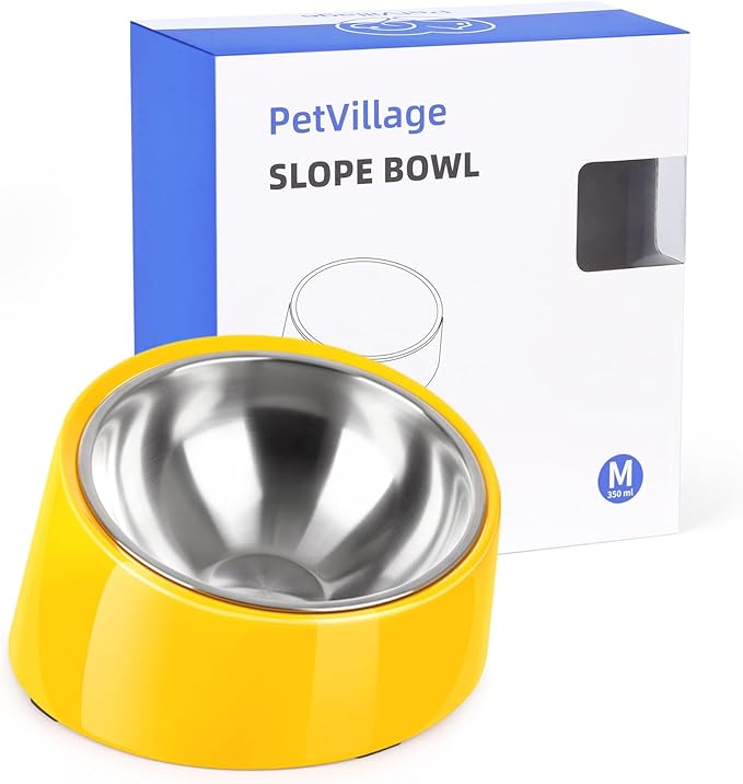 Tilted Dog Bowl Non-Slip & Non-Spill Pet Feeder with Elevated Detachable Melamine Stand, Easy to Get Food Dog Dish, M/180ml Yellow