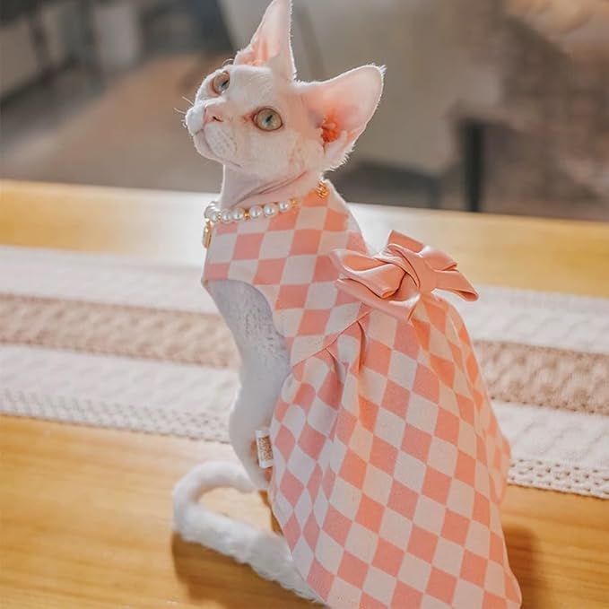 Sphynx Cat Pink Sleeveless Bow Dress with Pearl Necklace Set, Cute & Stylish Pet Apparel for Daily Wear, Cute Dress for Cats and Puppy (XX-Large (9.5-14 lbs))