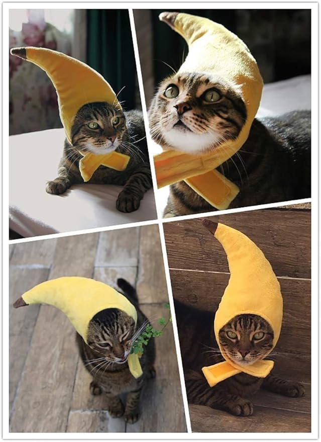 Vehomy Pet Halloween Banana Hat - Soft, Lightweight Plush Material, Adjustable Size for Cats & Small Dogs, Yellow