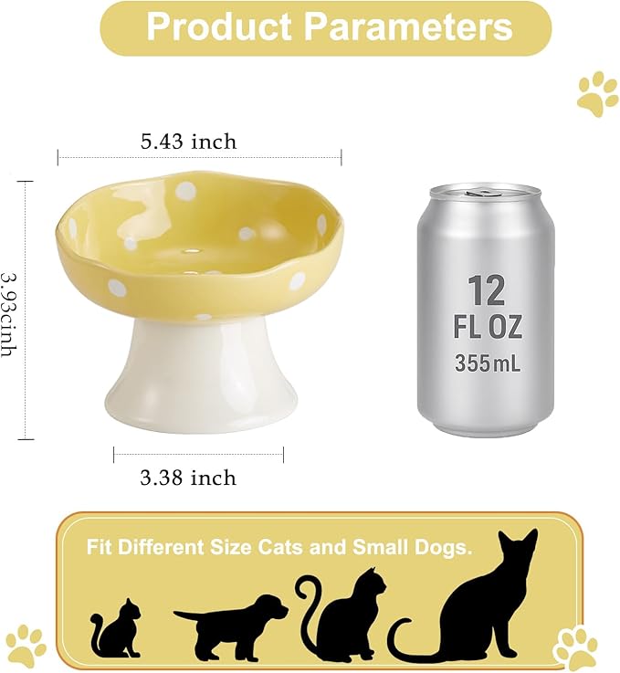 Ceramic Elevated Cat Bowls, Tilted Raised Pet Dish Anti Vomit Kitten Bowl for Indoor Cats, Whisker Friendly Pet Food and Water Bowl for Kitten, Cat, Puppies, Dishwasher Safe (Yellow)