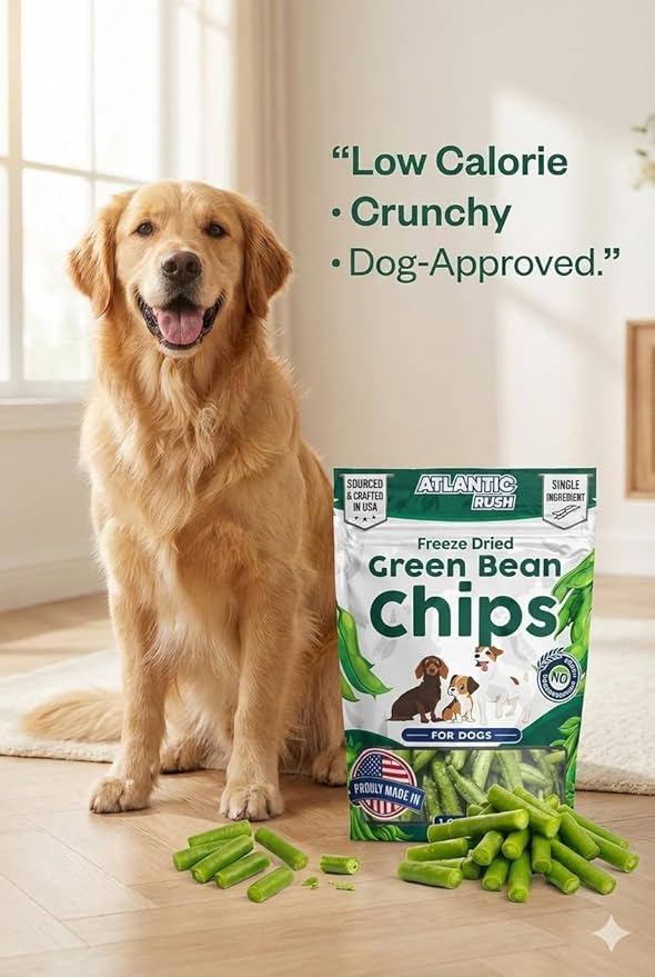 Atlantic Rush Freeze Dried Green Bean Chips for Dogs- 1oz Resealable Bag of Dried, Green Crispy Beans- Single Ingredient, No Salt or Canola Oil- Crispy, Shelf Stable - Made in USA (1 oz Bag)