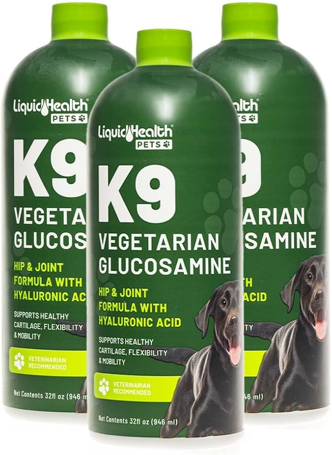 LIQUIDHEALTH Pets K9 Vegetarian Liquid Glucosamine Juice for All Dogs Canines with Chondroitin, MSM, Omega 3, Antioxidants, Hyaluronic Acid - Dog Vitamin Oil for Hip & Joint Health - USA Made (3 Pack)