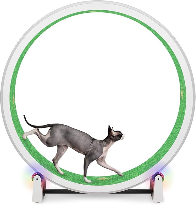 One Fast Cat - Cat Exercise Wheel - Gen. 7 - Safe 48" Diameter - Made in The USA - White Wheel with Tropical Frogs Foam Traction Pads and Light-Up LED Inline Wheels
