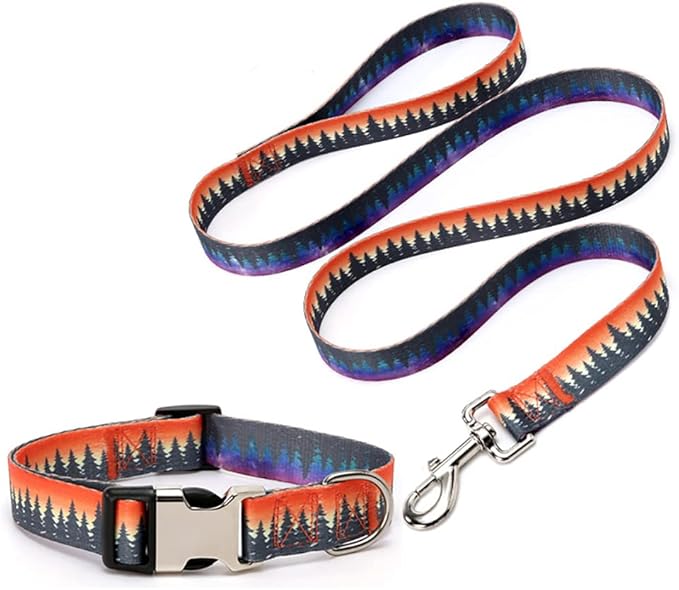 Dog Collar and Leash Set, Quick Release Buckle Soft Durable Print Puppy Collars Adjustable for Small Medium Large Pet Male Dogs Boy Cat Forest S
