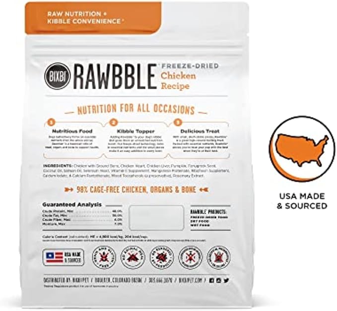BIXBI Liberty Freeze-Dried Dog Food Topper & Treats, Chicken – 98% Meat & Organs, No Refrigeration – USA Made, 12 oz