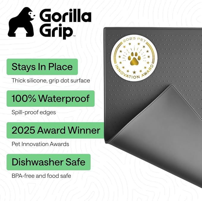GORILLA GRIP 100% Waterproof Raised Edge BPA Free Silicone Pet Feeding Mat, Dog Cat Food Mats Contain Spills Protects Floors, Placemats for Cats and Dogs Water Bowl, Pets Accessories 16x10, Charcoal