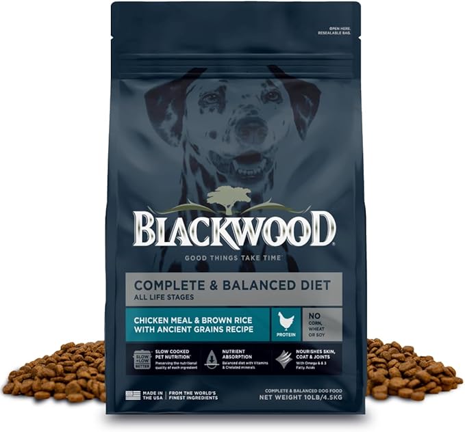 Blackwood Complete & Balanced Diet Dry Dog Food, Chicken Meal & Brown Rice with Ancient Grains, 10 Pound Bag, Slow Cooked with Vitamins & Minerals
