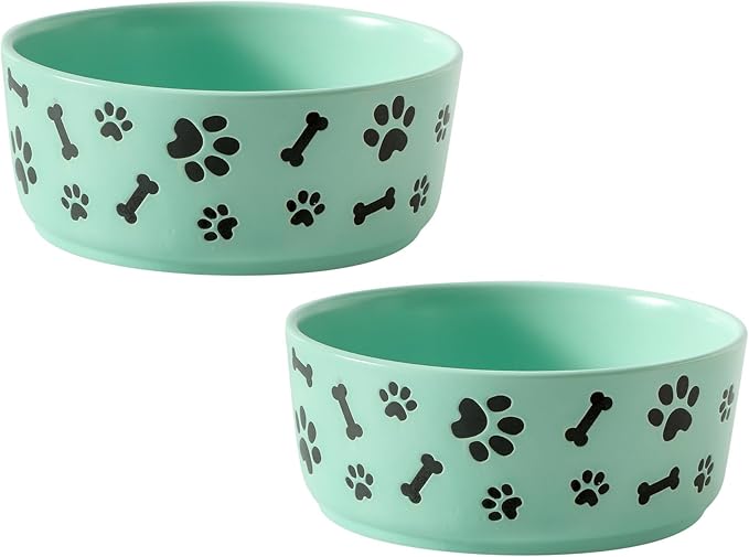 UBEE Ceramic Dog Bowl Set of 2, 5.5 inch Dog Food Bowl Dish with Bone Paw Pattern, Pet Food Water Dish Feeding Plates for Small Dogs, Puppy and Cat, Green