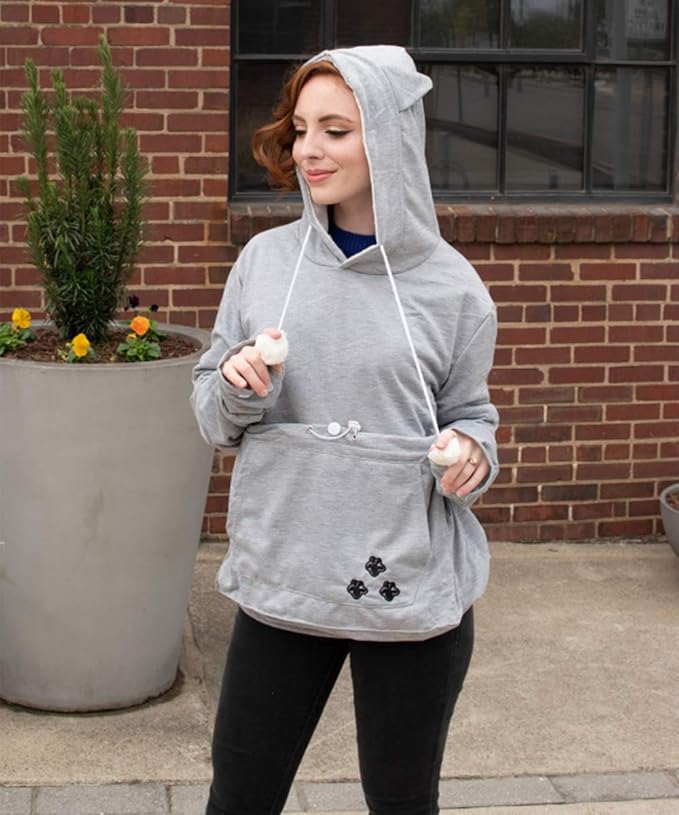 ALYC Unisex Hoodies Pet Holder Cat Dog Large Pouch Carriers Pullover with Cat Printing Sweatshirt (Light Grey- Classic Version, M)