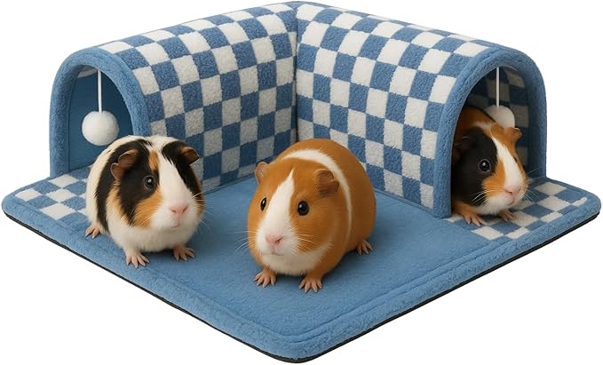 Guinea Pig Tunnel Bed – Fleece Hideout & Cozy Bed for Small Pets, Soft Washable Small Animal House and Bedding Alternative Tunnel for Guinea Pigs, Rabbits, Hamsters & Ferrets (Blue)