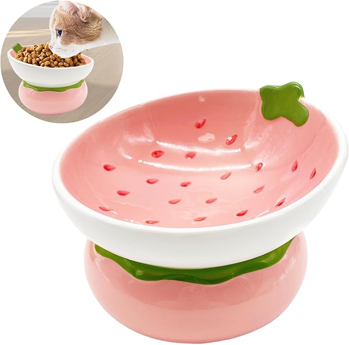 Hamiledyi Ceramic Raised Cat Bowls 15° Tilted Elevated Kitten Food Water Bowl Shallow Whisker Fatigue Kitty Dish Fruit Pet Feeding Bowls Feeder for Indoor Cats Small Dog (Pink Strawberry)