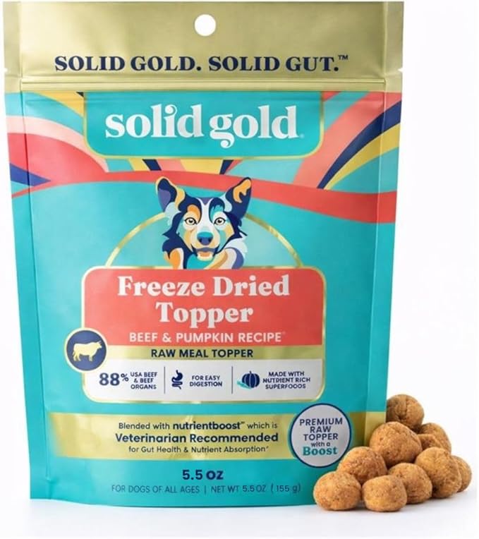 Solid Gold Freeze Dried Dog Food - W/Real Beef, Pumpkin & Superfoods - Freeze Dried Raw Dog Food Toppers for Picky Eaters to Serve as a Nutrient-Dense Meal Topper or High Protein Treats - 5.5oz