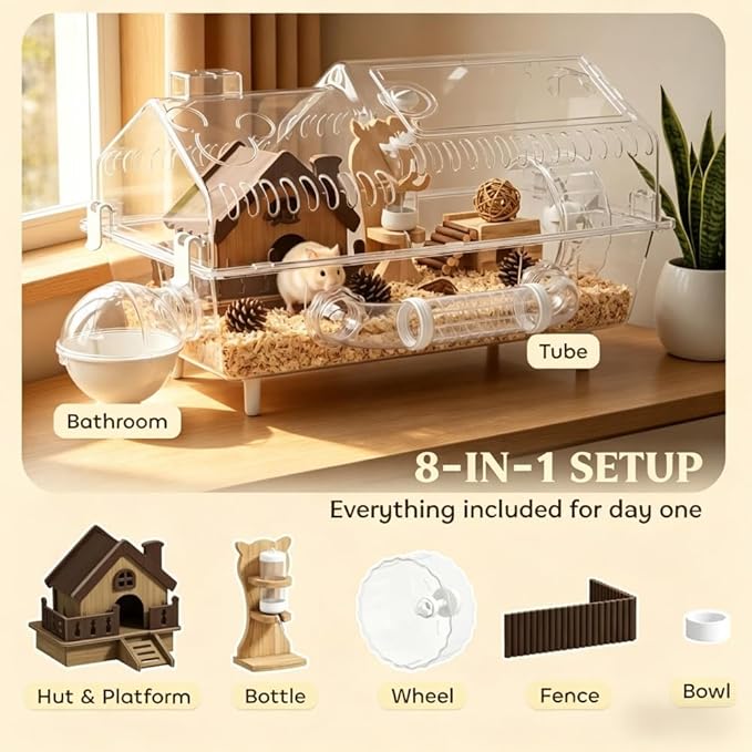 Clear Acrylic Hamster Cage, Villa-Style with Natural Wood Accessories, 8-in-1 Setup, 21.5" x 11.8" x 12.6