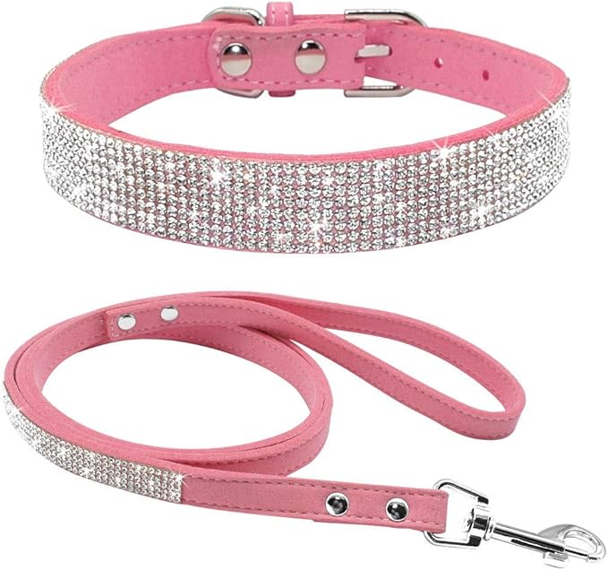 Cute Dazzling Sparkling Elegant Fancy Soft Suede Leather Bling Rhinestone Crystal Jeweled Pet Cat Dog Puppy Collar Dog Leash Combo Set (L(Neck 15-18"), Pink)