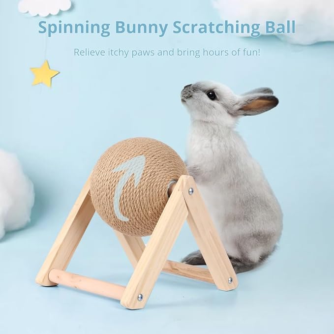 Rabbit Scratcher Toy with Rotating Sisal Ball, Solid Wood Support & Play Base for Small Pets