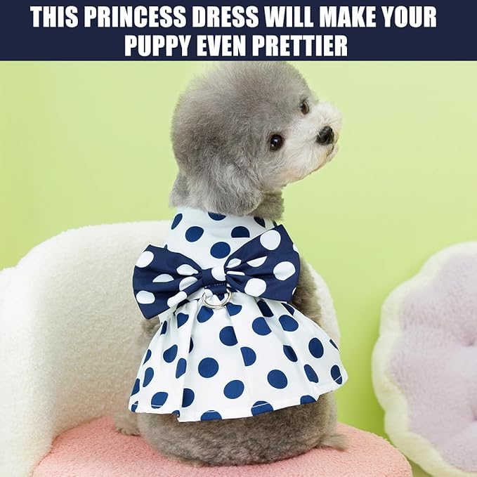 Cute Polka Dots Cat Small Dog Dress with Bow Tie Summer Clothes with D-Ring on The Back for Puppy Cat(White with Navy Dots, Large)