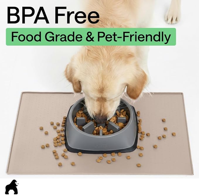 GORILLA GRIP 100% Waterproof Raised Edge BPA Free Silicone Pet Feeding Mat, Dog Cat Food Mats Contain Spills Protects Floors, Placemats for Cats and Dogs Water Bowl, Pets Accessories 16x10, Cream