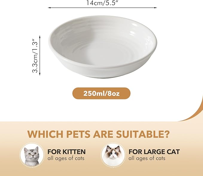 Havniva Ceramic Wide Whisker Friendly Cat Dishes, Set of 3 Ceramic Cat Bowls, Anti-Slip Indoor Kitten Feeding Food& Water Dish to Prevent Whisker Fatigue(3 Pcs, White)