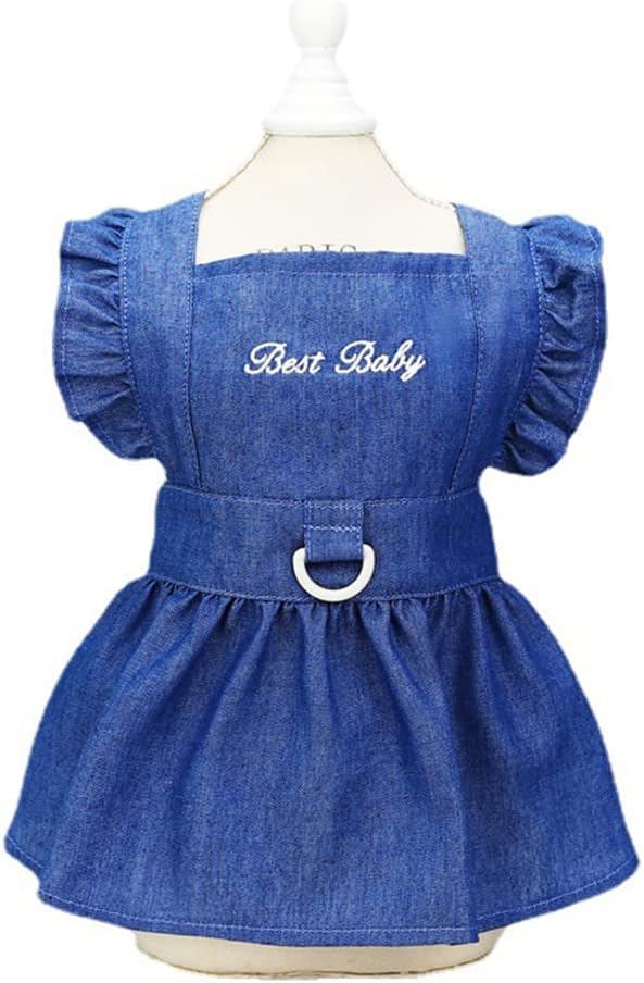 ANIAC Dog Denim Dresses for Small Medium Dogs Puppy Girl Clothes with Leash Ring Summer Cat Apparel with D-Ring Pet Dog Walking Harness Dress(Blue-2, Small)