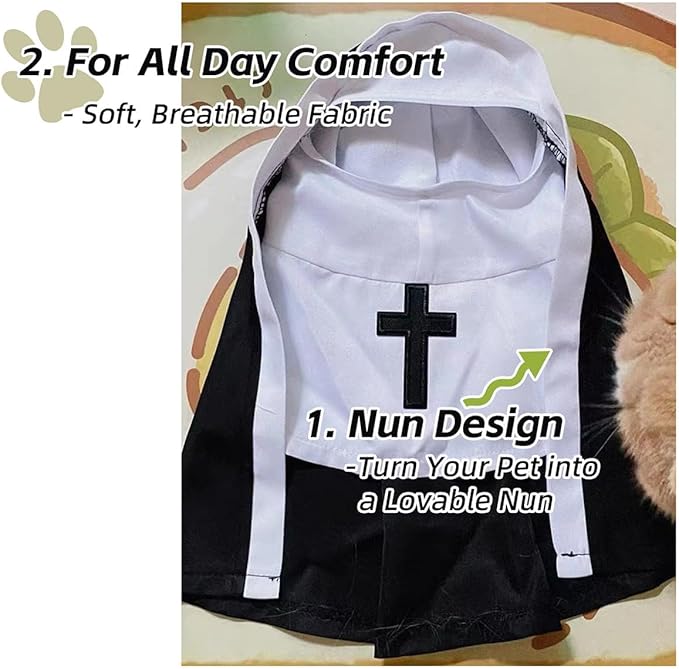 MANON ROSA Cat Costume Nun Dress- Funny Halloween Cloak Outfit for Small Medium Dogs, Cosplay Apparel for Photoshoots Parties Social Media, Adorable Pet Clothing (L(Rec wt.13-22lbs))