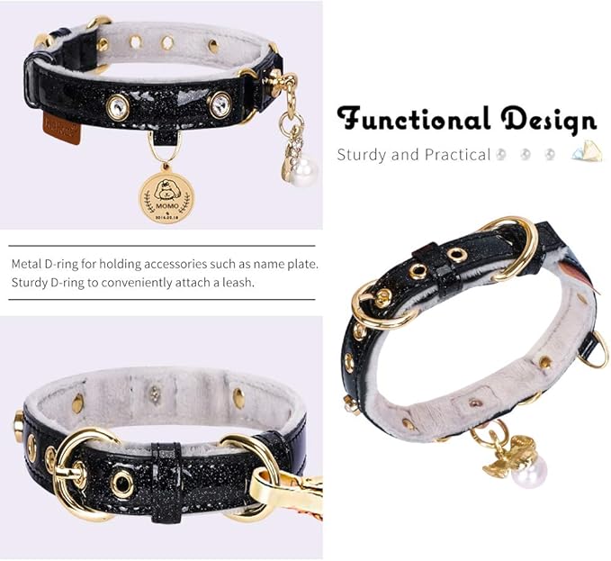 PetsHome Cat Collar, Dog Collar, [Bling Rhinestones] PU Leather Adjustable Pet Collar with Luxury Pendant for Cat and Small Dog Extra Small Black