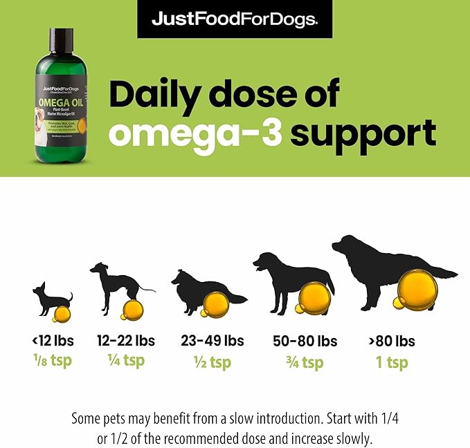 JustFoodForDogs Omega 3 for Dogs, Omega Oil for Dogs, Dog Joint Supplement, Skin and Coat Supplement, Dog Fish Oil Alternative, Human Grade, Vegan, Sustainable & Eco-Friendly - 8 oz