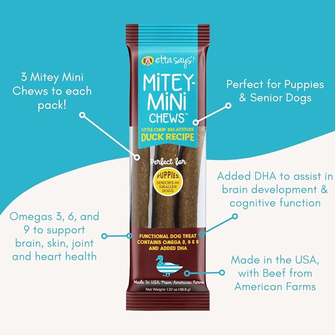 etta says! Mitey Mini Chews Dog Treats - Made in The USA - Grain-Free and Odor-Free - All-Natural Dog Chews - Perfect for Puppies and Senior Dogs - with Omega 3, 6, and 9 - Duck - 18 Pack - 54 Count