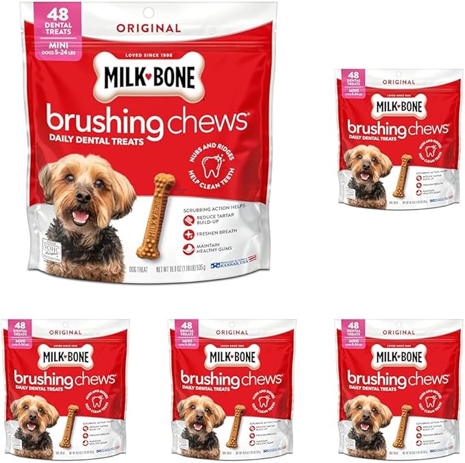 Milk-Bone Brushing Chews Original Chicken Flavor Daily Dental Dog Treats, Mini, 18.9 Oz. Bag (Pack of 5)
