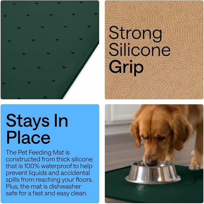 GORILLA GRIP 100% Waterproof Raised Edge BPA Free Silicone Pet Feeding Mat, Dog Cat Food Mats Contain Spills Protects Floors, Placemats for Cats and Dogs Water Bowl, Pets Accessories 16x10, Green