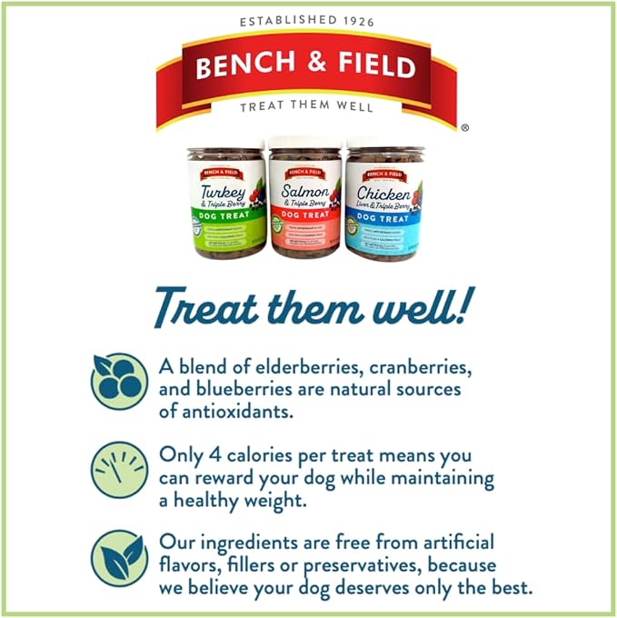 Bench & Field Holistic Natural Chicken Liver & Triple Berry Dog Treats (Pack of 3) | Crunchy Bone-Shaped Bites | Antioxidant Blend, (3) 10-Ounce Bottles