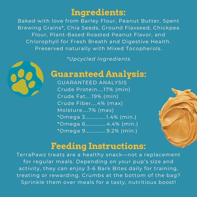 TerraPawz Vegan Dog Training Treats – Peanut Butter Flavor, Plant-Based Nutty Bark Bites with Chia & Flaxseed for Skin & Coat, Omega-Rich Treats for All Dog Sizes Including Large Breeds (8 oz)