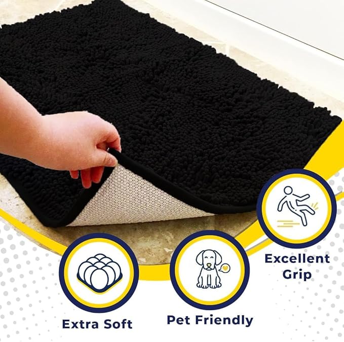 Muddy Mat® | Super Absorbent Door Mat Indoor, Microfiber Quick Dry Chenille Entryway Rug, Non-Slip Front Door Mat, Indoor Mats for Entryway, Machine Washable Pet Rug, Black 36"x120"