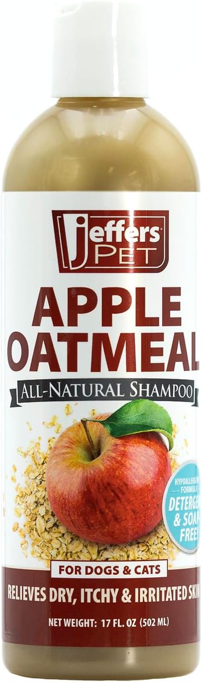Jeffers Pet Apple Oatmeal Shampoo for Dogs & Cats, 17 oz - Gentle Coconut Based Formula w/Colloidal Oat Protein, Soap Free, Deodorizing Apple Scent, Sensitive Skin, Puppies Kittens Grooming Care