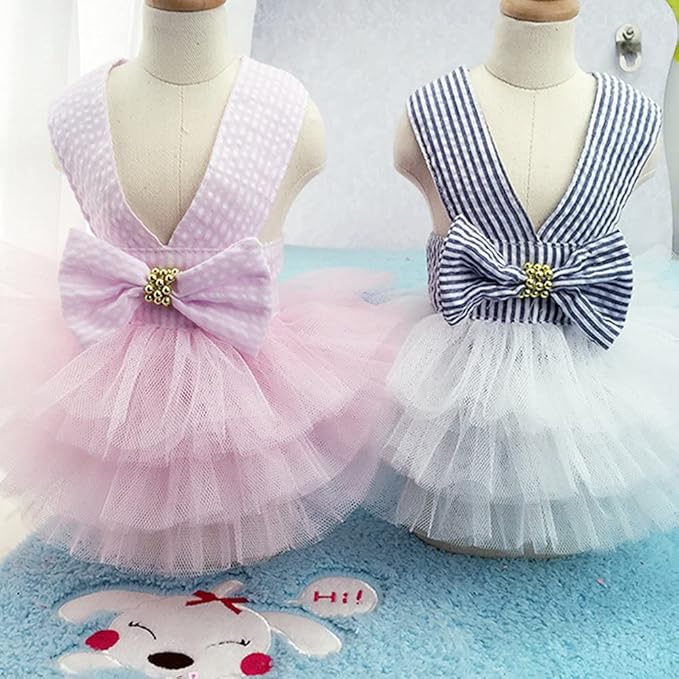 Dog Dresses, Fashion Pet Dog Clothes, Striped Mesh Puppy Dogs Princess Dresses (Blue, Small)